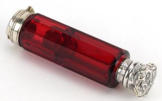 Victorian ruby glass double ended scent bottle with unmarked silver mounts, 10cm in length