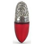 Miller Brothers, Victorian silver and ruby glass scent bottle, Birmingham 1896, 4cm in length, 9.2g