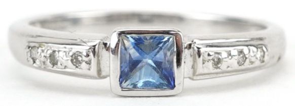 9ct white gold princess cut sapphire ring with diamond set shoulders, size N, 2.1g