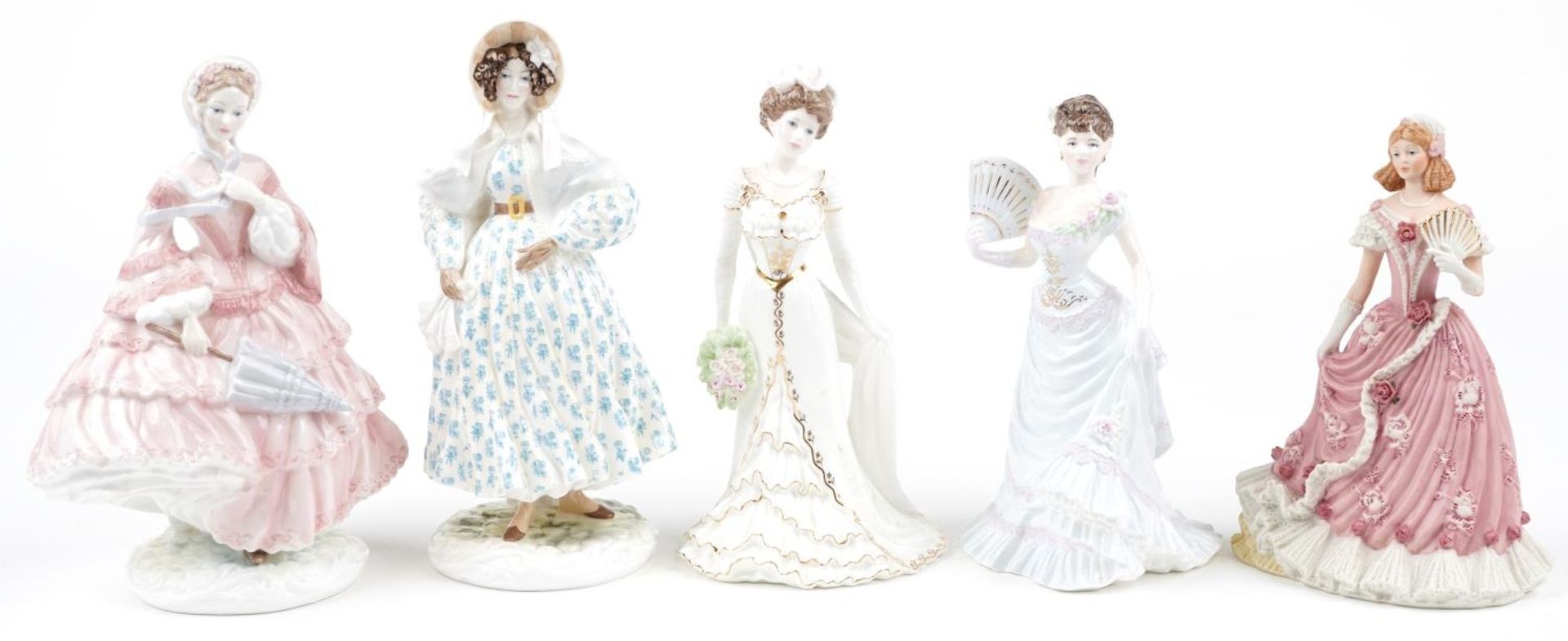 Five Wedgwood, Royal Worcester and Coalport figurines comprising The Coronation Ball, 1855: The