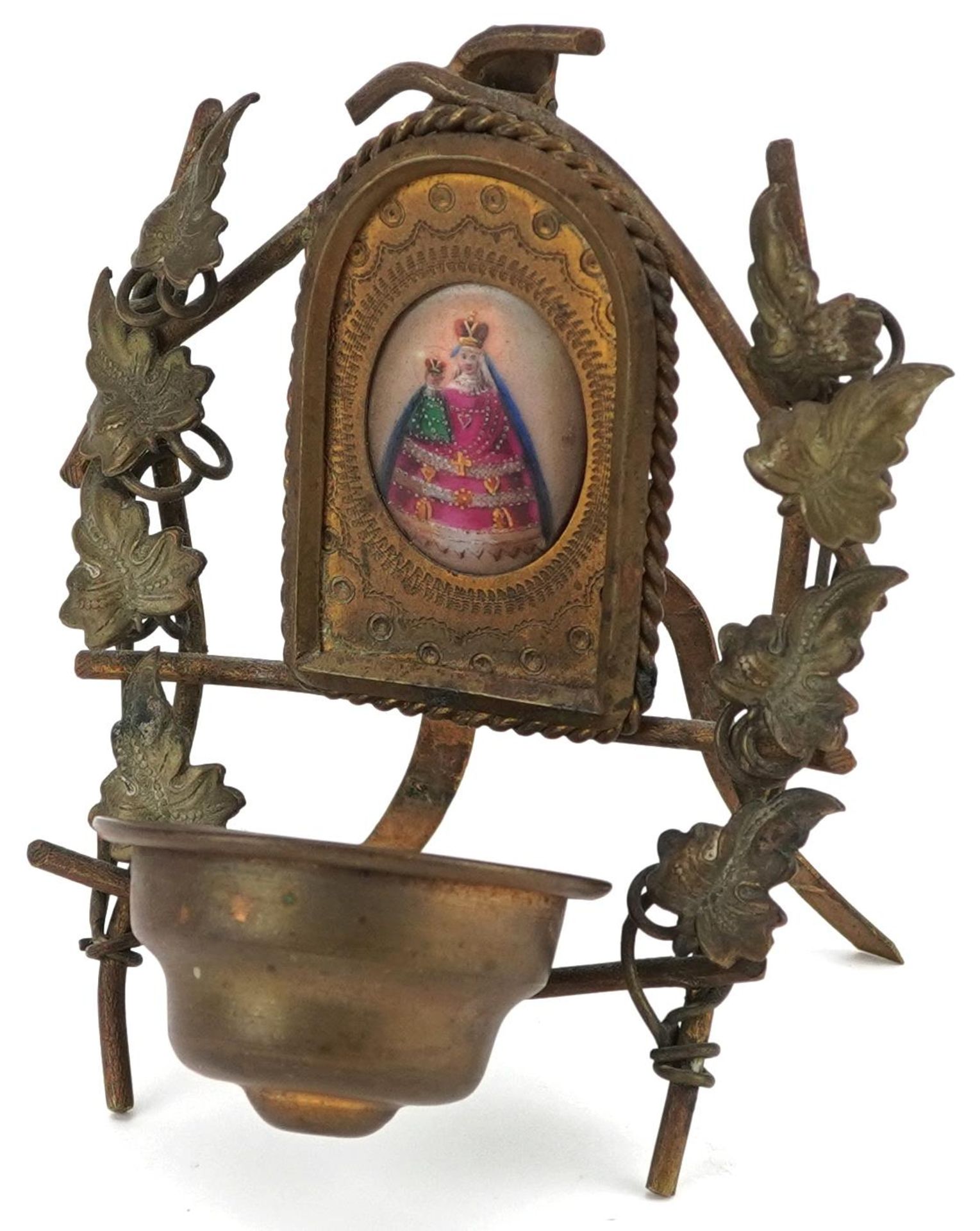 19th century gilt metal holy water font housing an oval porcelain panel hand painted with Madonna