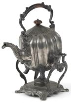 Victorian pewter teapot on stand with burner and ebonised handle, 30.5cm high excluding the swing