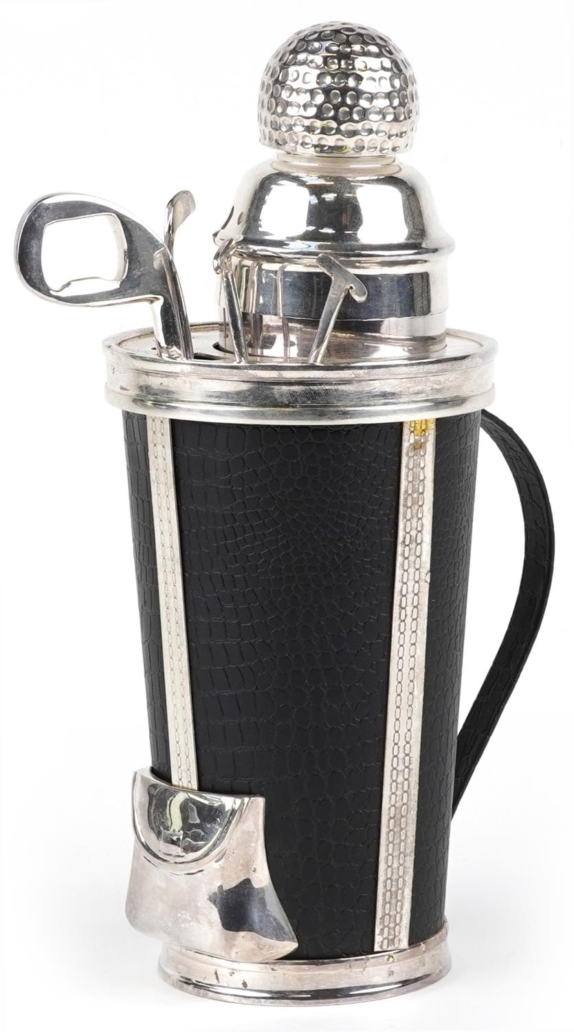 Silver plated cocktail shaker in the form of golf clubs in a caddy bag, 30cm high