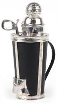 Silver plated cocktail shaker in the form of golf clubs in a caddy bag, 30cm high