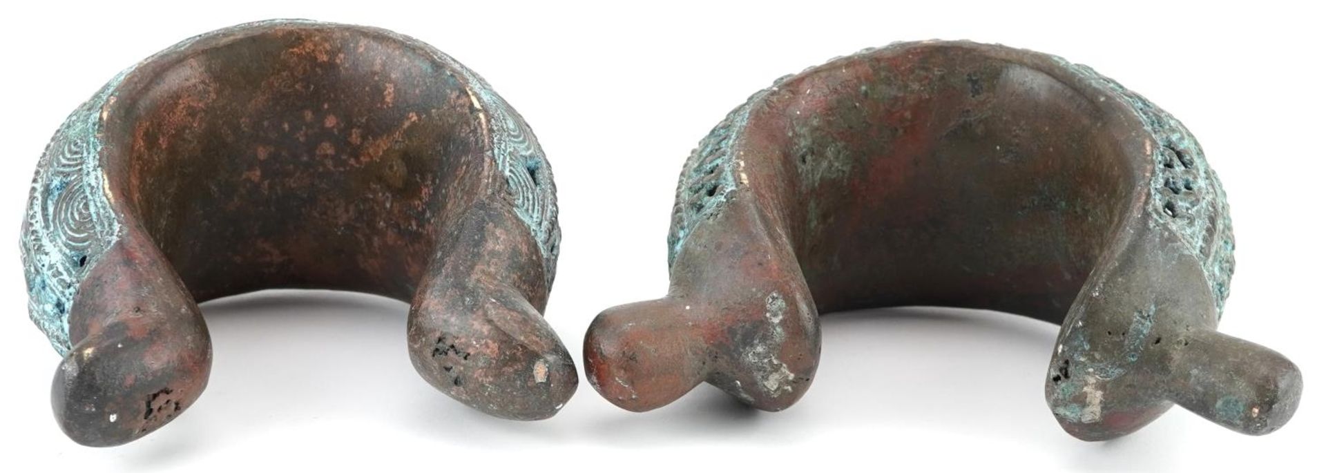 Two West African tribal interest verdigris copper open cuffs, the largest 17.5cm high - Image 2 of 3