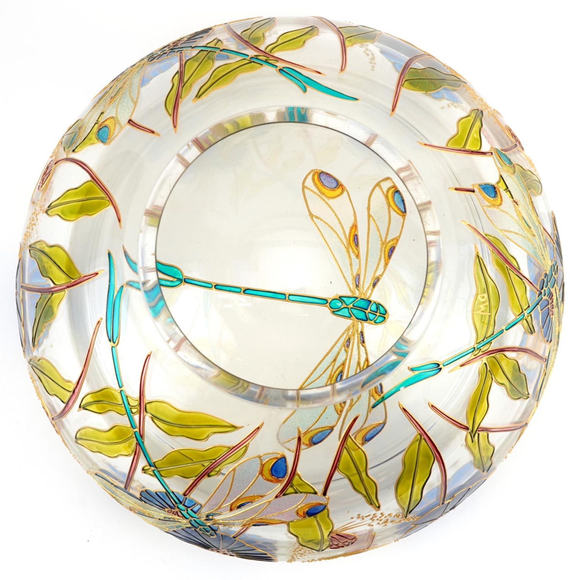 Double walled art glass bowl hand painted with dragonflies amongst flowers, 25.5cm in diameter - Bild 4 aus 5