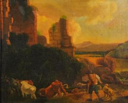 Farm with cattle before ruins, continental school oil, mounted and framed, 66.5cm x 54cm excluding