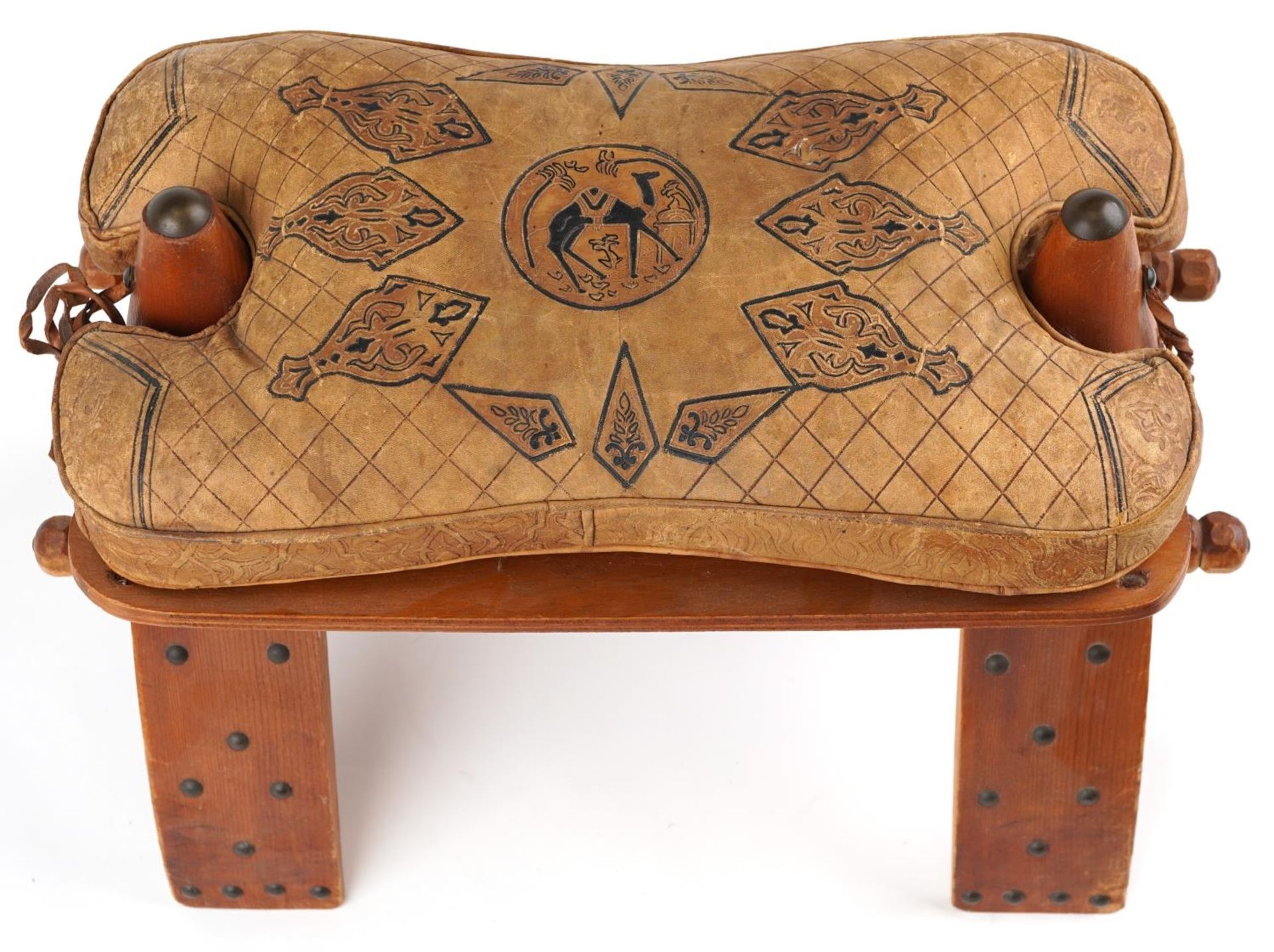 Vintage hardwood camel stool with leather upholstered cushion tooled with foliate motifs and a - Image 2 of 5