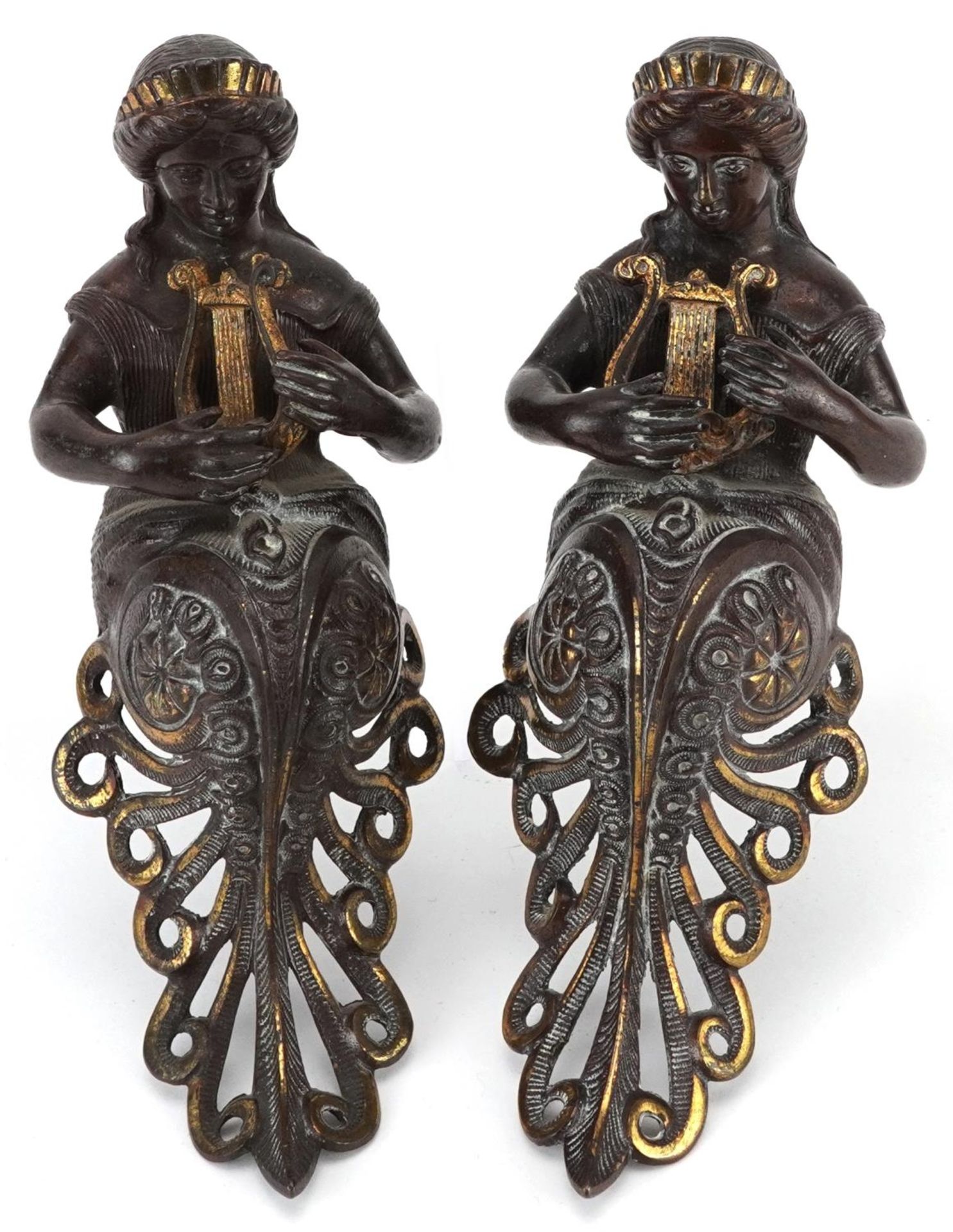 Pair of 19th century partially gilt, patinated bronze mounts in the form of mermaids with lyres,