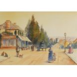 J Hodder - Victorian street scene, watercolour on card, mounted, unframed, 51.5cm x 36.5cm excluding