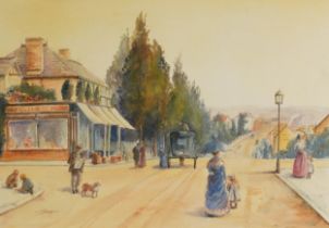 J Hodder - Victorian street scene, watercolour on card, mounted, unframed, 51.5cm x 36.5cm excluding