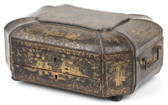 Chinese black lacquered sewing box with canted corners and fitted interior, gilded in the