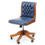 Mahogany and blue leather button back upholstered adjustable desk chair, 89cm high