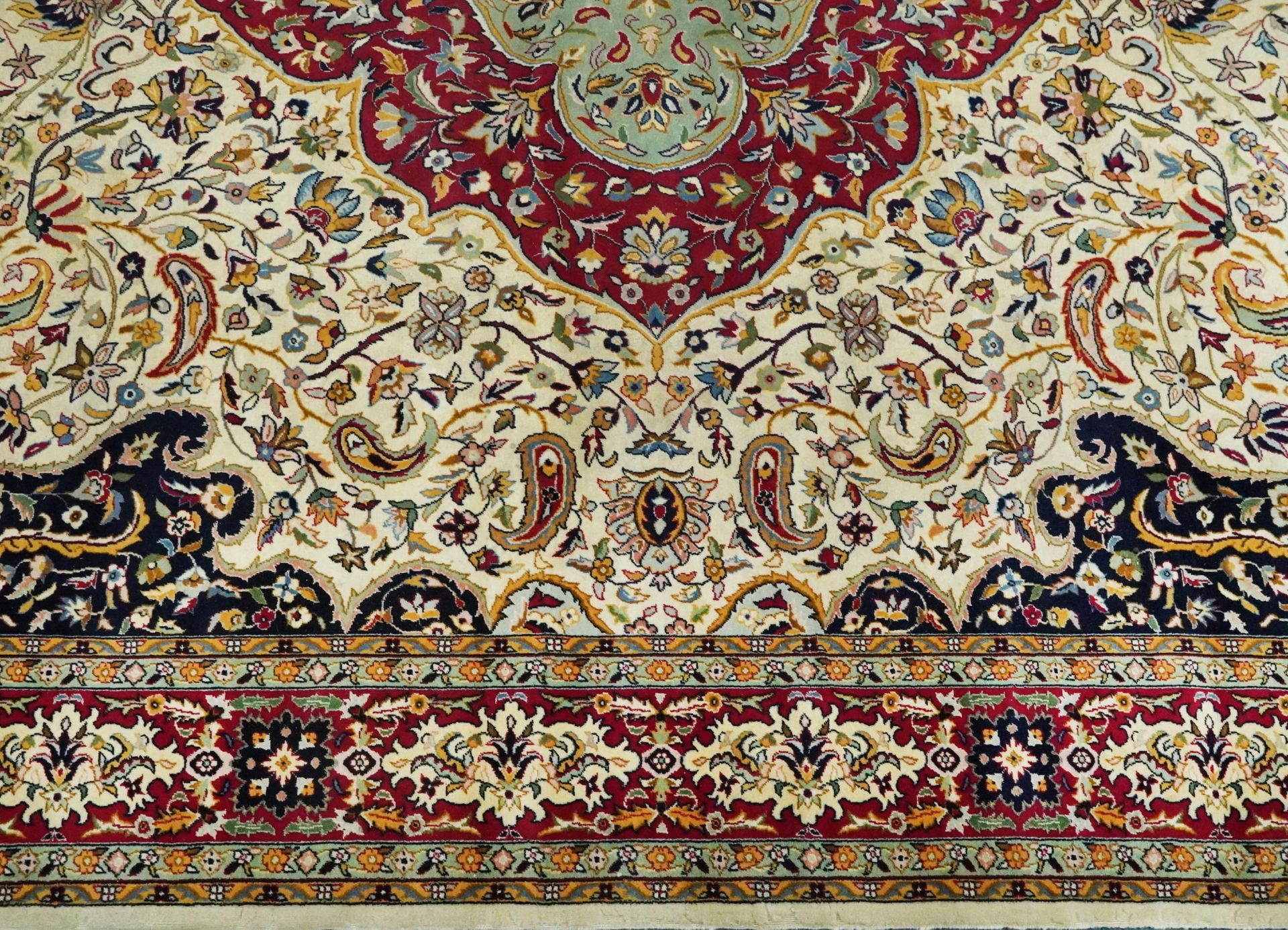 Rectangular Persian cream and red ground rug having an all over repeat floral design, 370cm x 270cm - Image 9 of 12