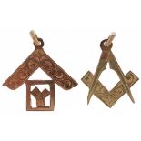 Two unmarked gold masonic charms, each tests as 9ct gold, the largest 1.4cm high, total 0.8g