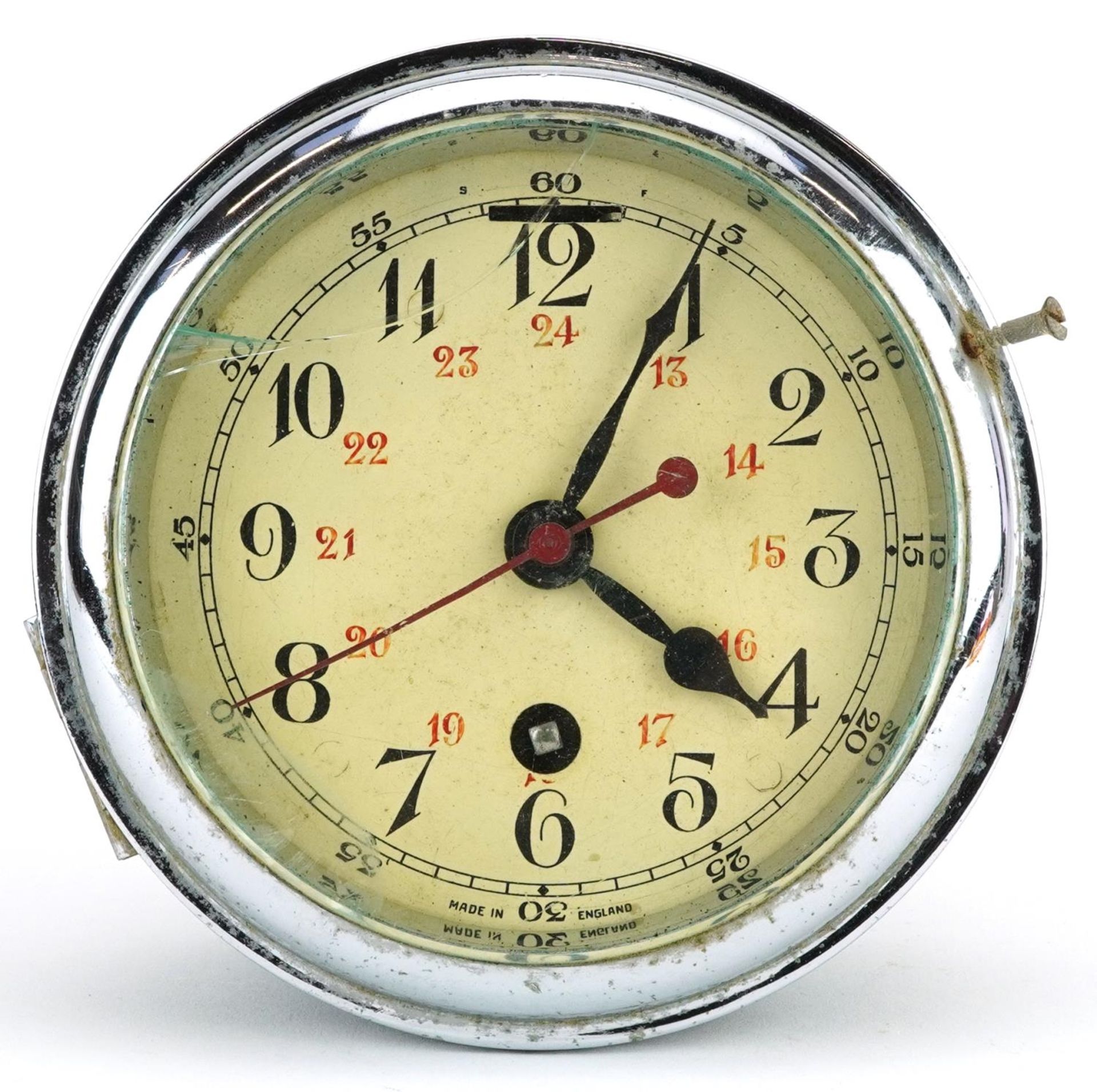 Early 20th century chrome plated ship's design clock with circular dial having Arabic numerals, 15cm