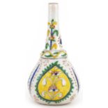 Turkish Ottoman Kutahya rosewater sprinkler hand painted with stylised flowers, 14cm high