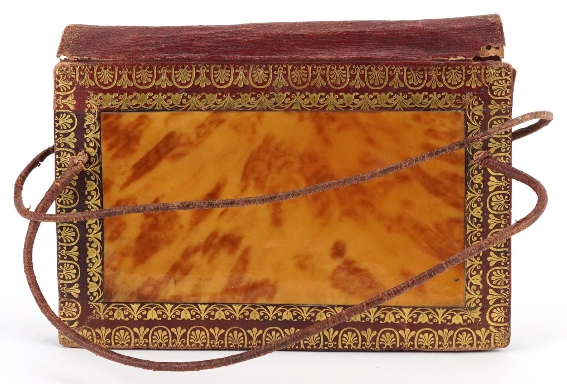 19th century Moroccan tooled leather and blond tortoiseshell concertina purse with steel lock, - Bild 3 aus 4