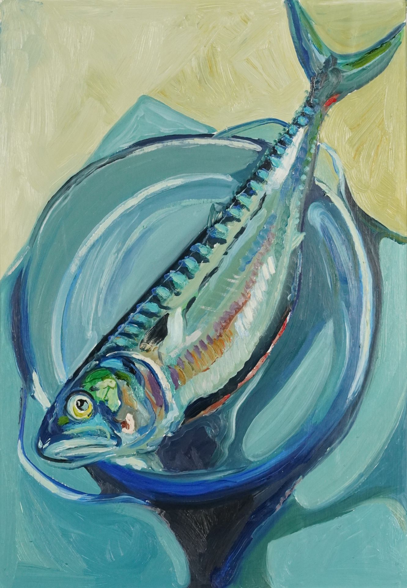 Clive Fredriksson - Still life with fish, contemporary oil on board, mounted and framed, 42cm x 30.
