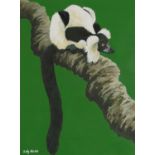 Sally Michel - Black and white ruffled lemur, signed gouache, At the Mall Gallery label verso,