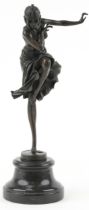 After Dimitri H Chiparus, patinated bronze statuette of an Art Deco female raised on a circular