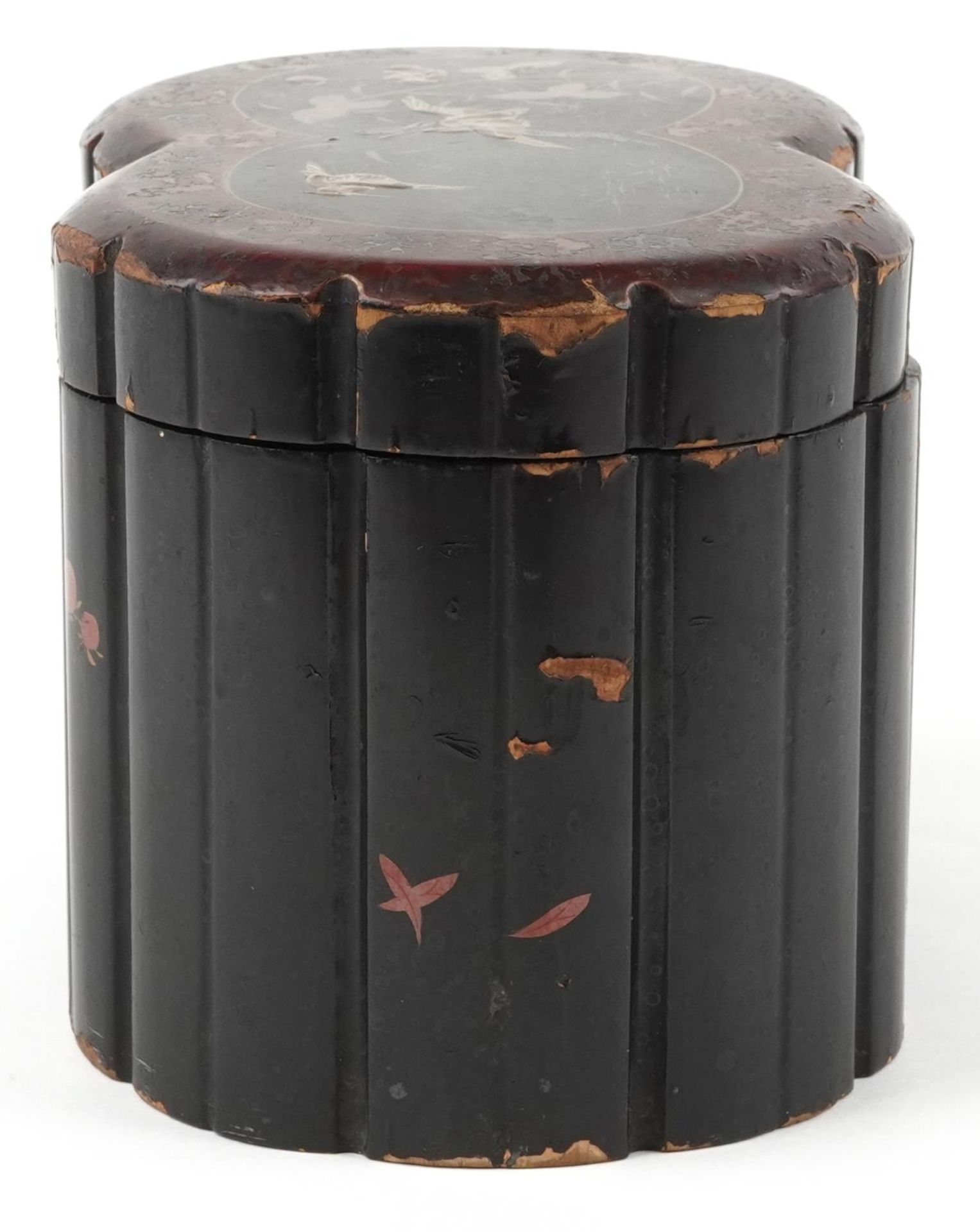 Japanese lacquered tea caddy with twin divisional interior gilded with birds amongst aquatic plants, - Image 7 of 8