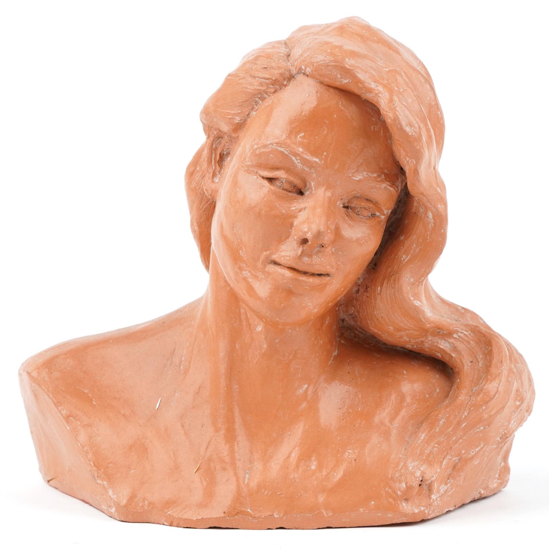 Mid century style terracotta bust of a female, incised M to the reverse, 25cm wide - Image 2 of 4