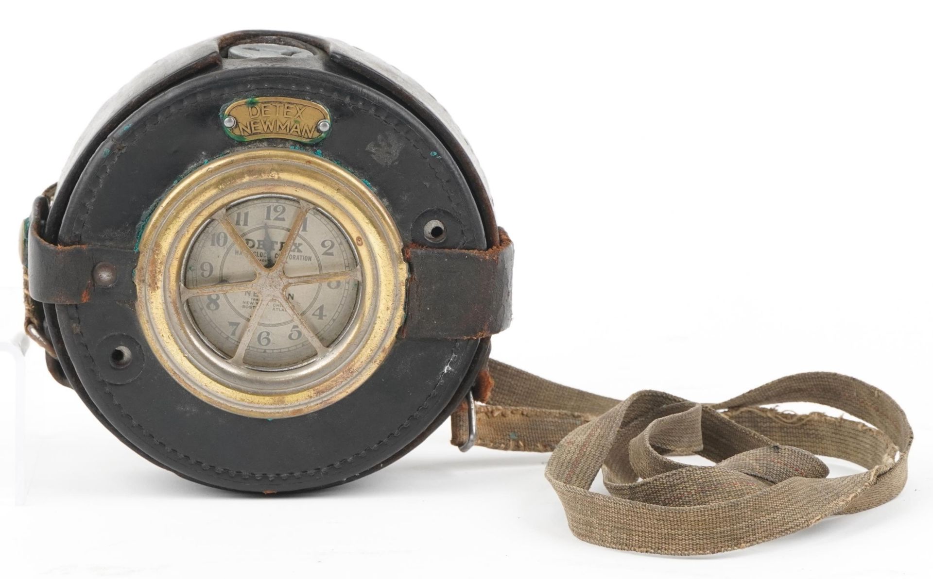 Early 20th century American Detex Newman security guard's watch clock with leather case, 15cm in