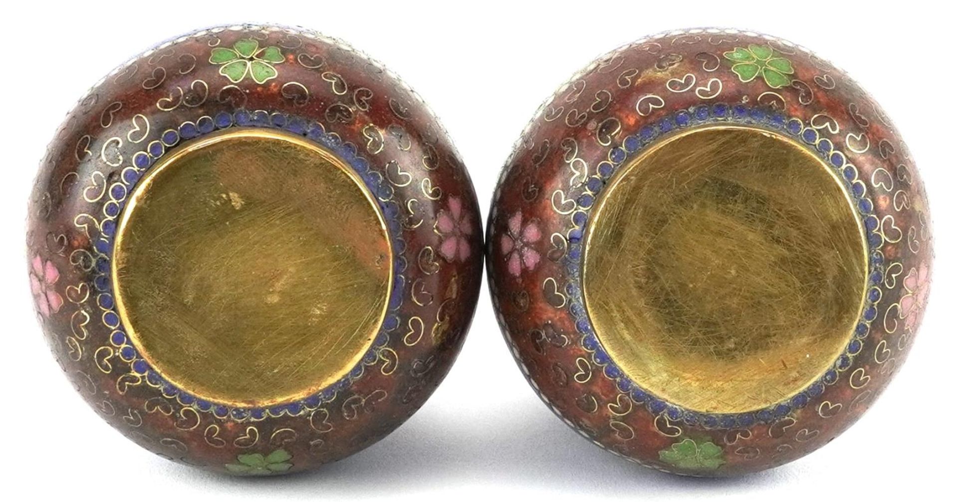 Pair of Japanese cloisonne vases enamelled with flowers, each 7.5cm high - Image 6 of 6