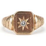 9ct gold diamond solitaire signet ring with engraved shoulders, the diamond approximately 0.08