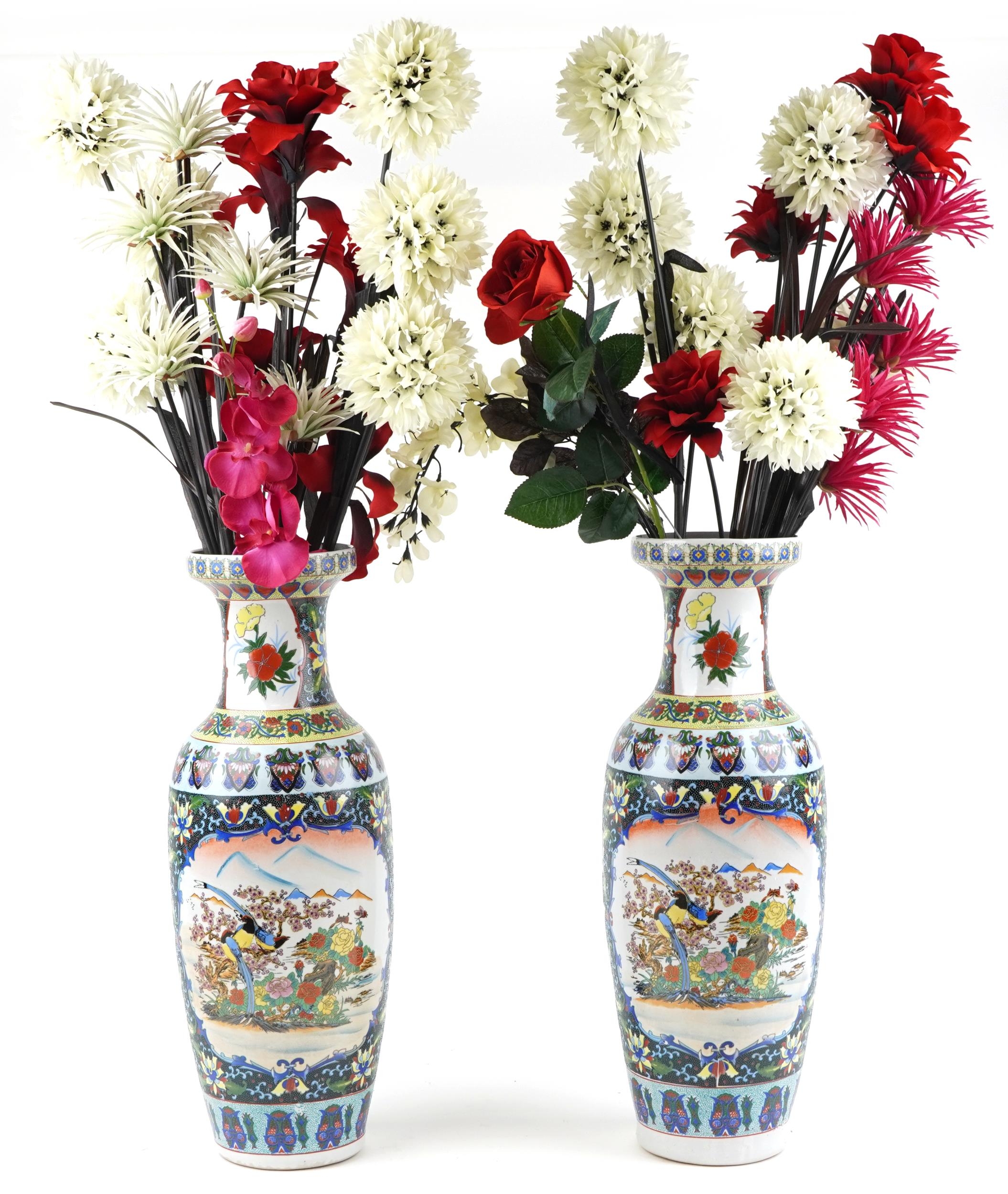 Large pair of Chinese porcelain vases decorated with flowers housing artificial flowers, each vase - Image 3 of 6