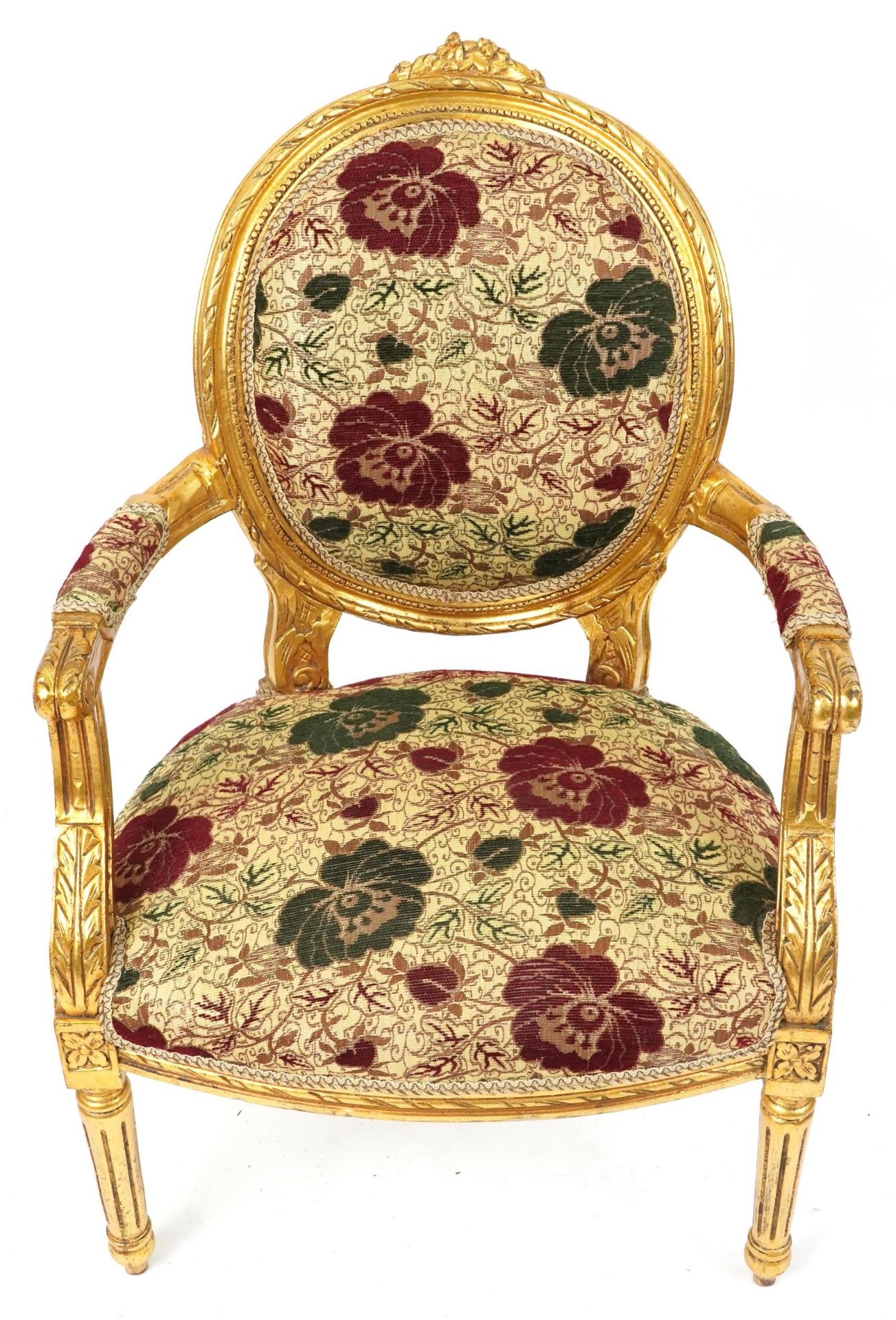 French Baroque style giltwood elbow chair having cream, red and green floral upholstery, 96.5cm high - Image 3 of 4