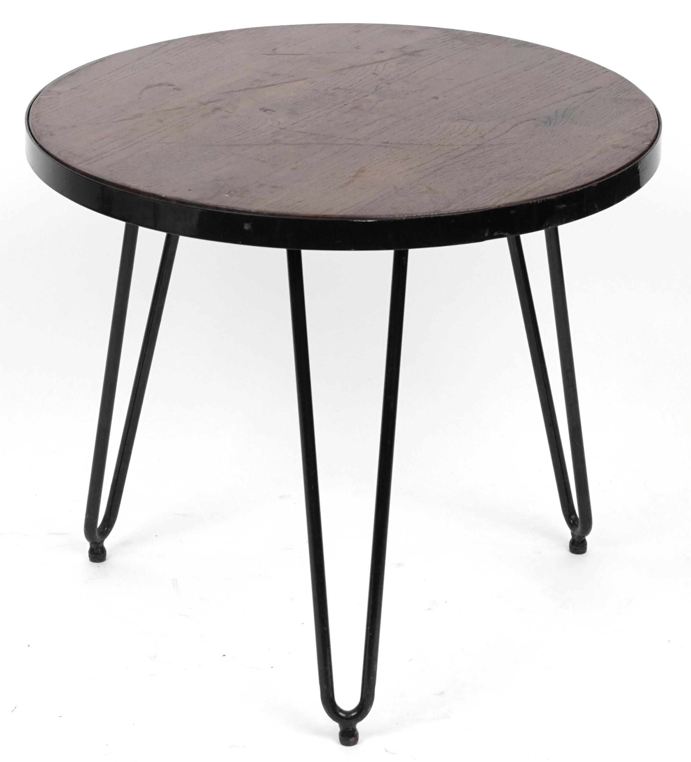 Industrial circular hardwood and wrought iron occasional table with hairpin legs, 53.5cm high x 61cm