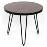 Industrial circular hardwood and wrought iron occasional table with hairpin legs, 53.5cm high x 61cm