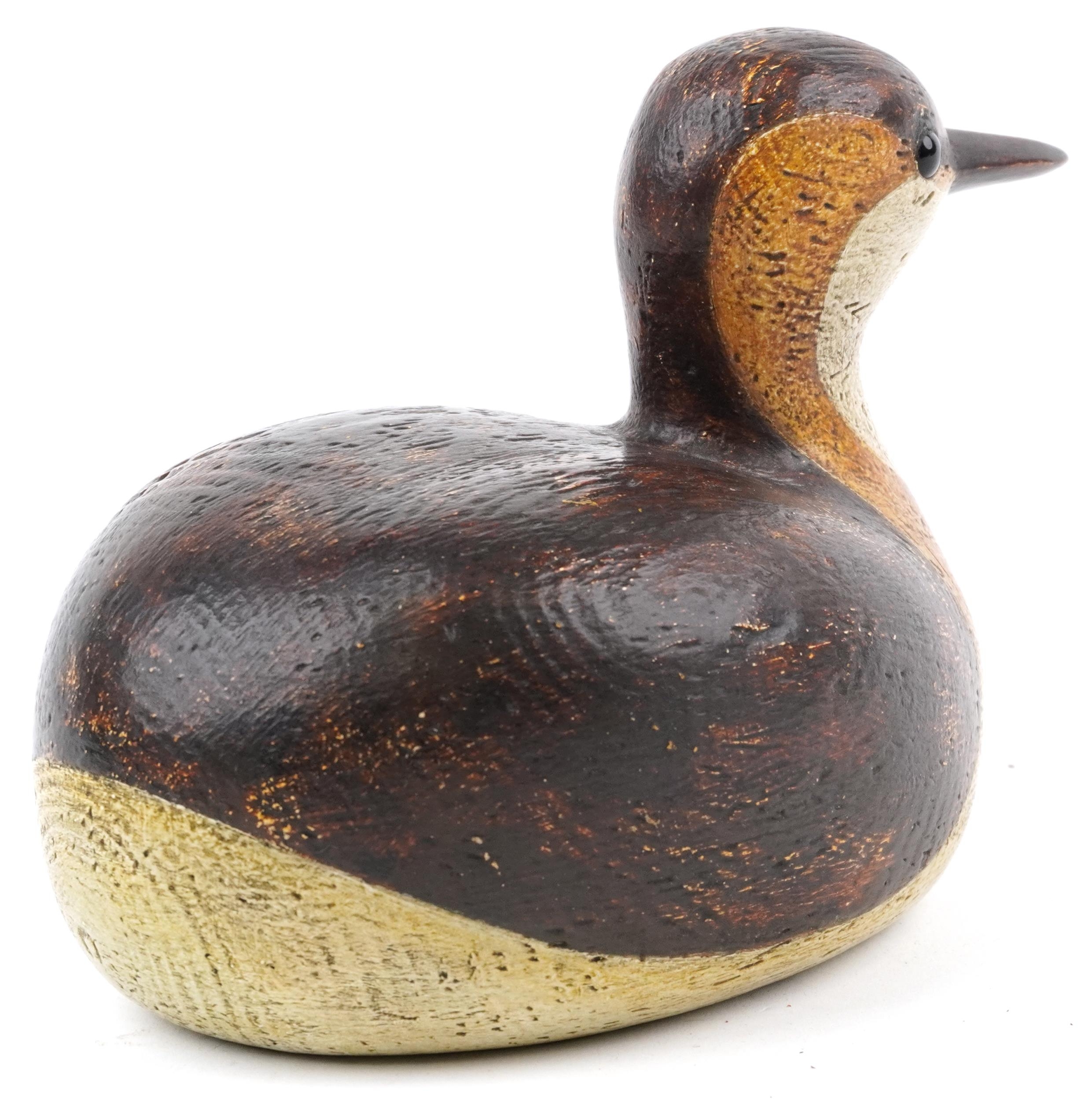 John Searle carved wood polychrome painted duck decoy, inset brass plaque to the base, dated 2011, - Image 2 of 4