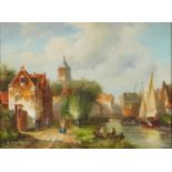 I Van Brough - Figures beside a canal, contemporary Dutch school oil on panel, certificates verso,