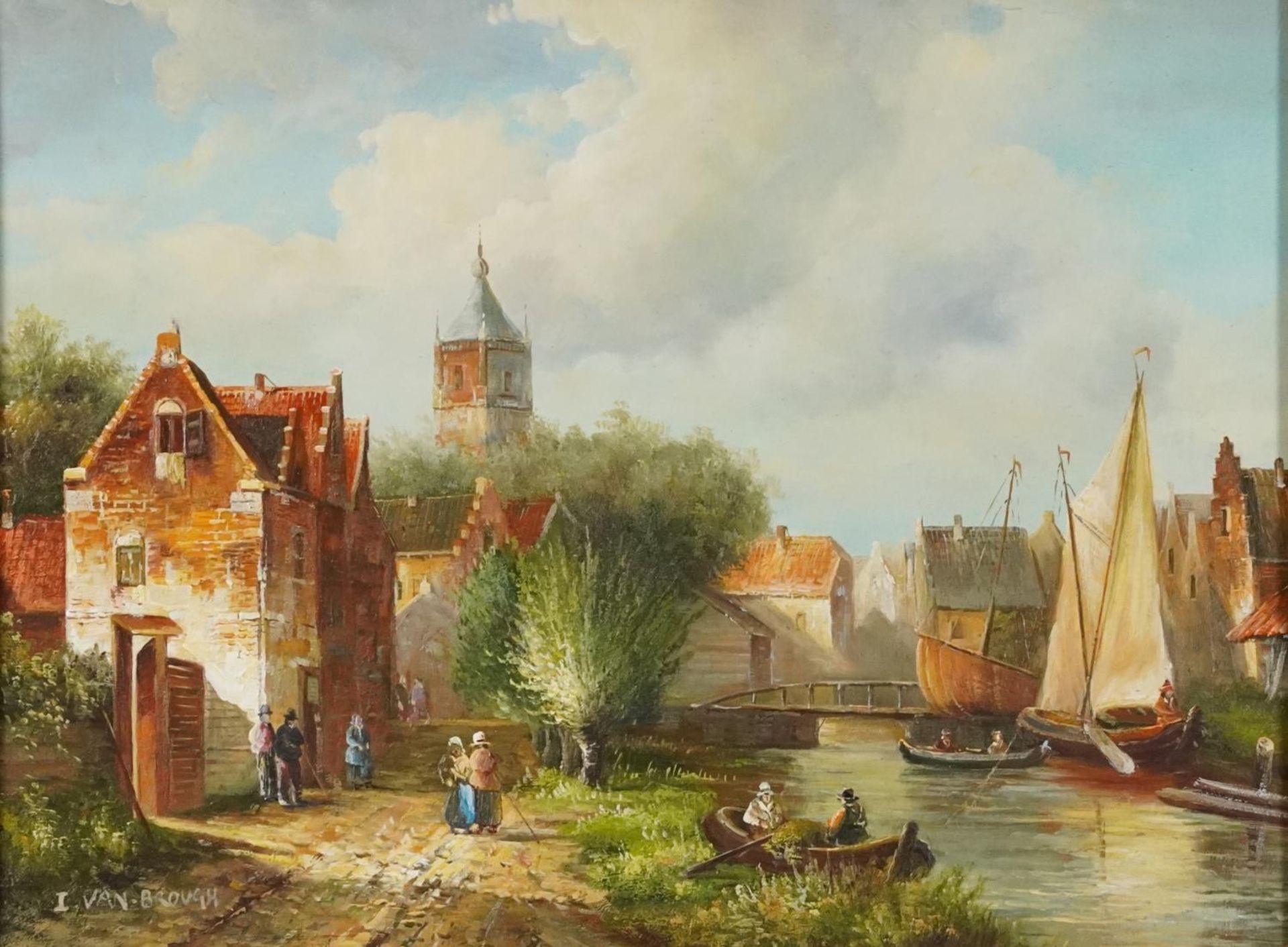 I Van Brough - Figures beside a canal, contemporary Dutch school oil on panel, certificates verso,