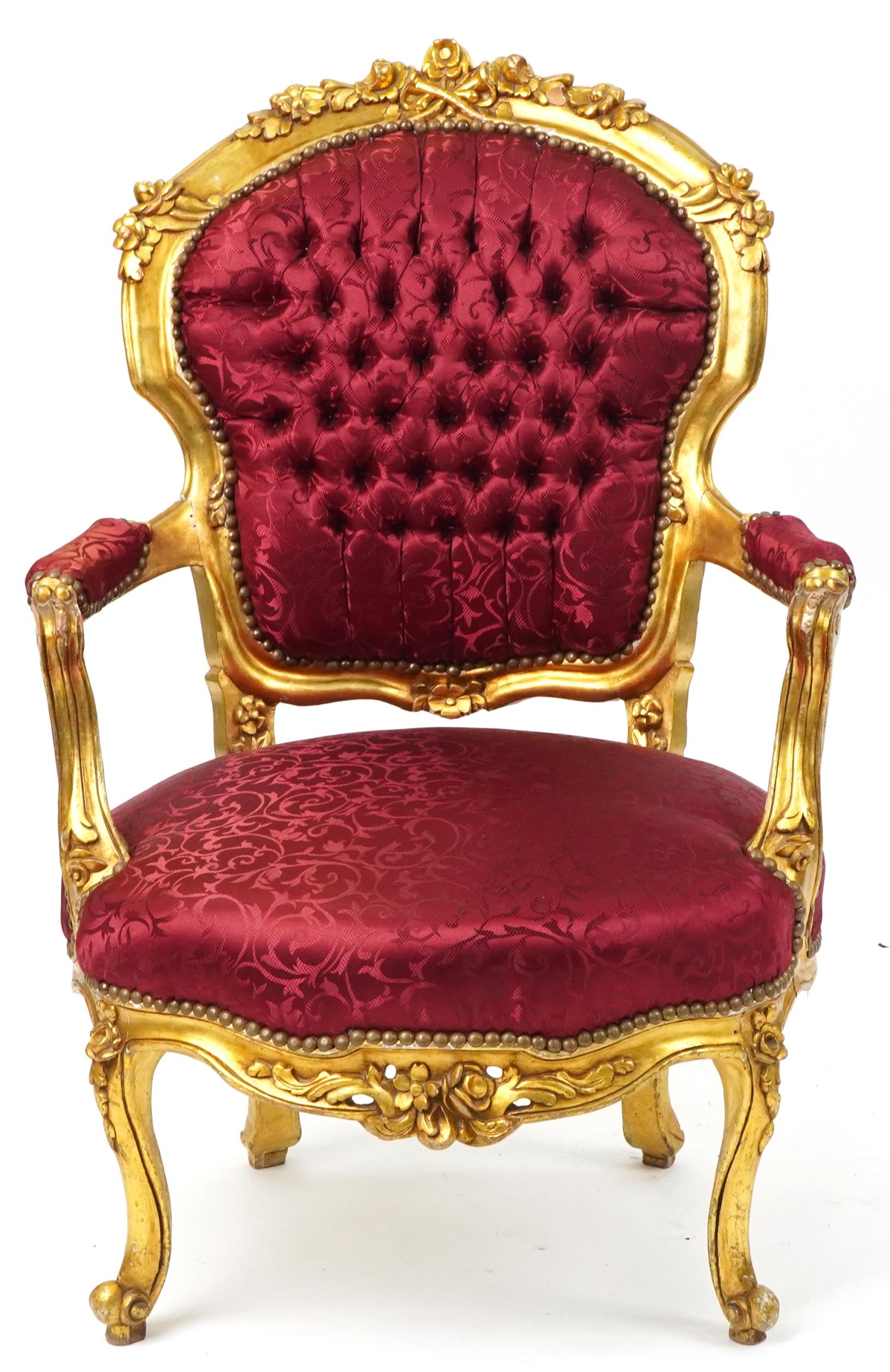 French Louis XV style elbow chair carved with flowers having red part silk floral button back - Image 2 of 4