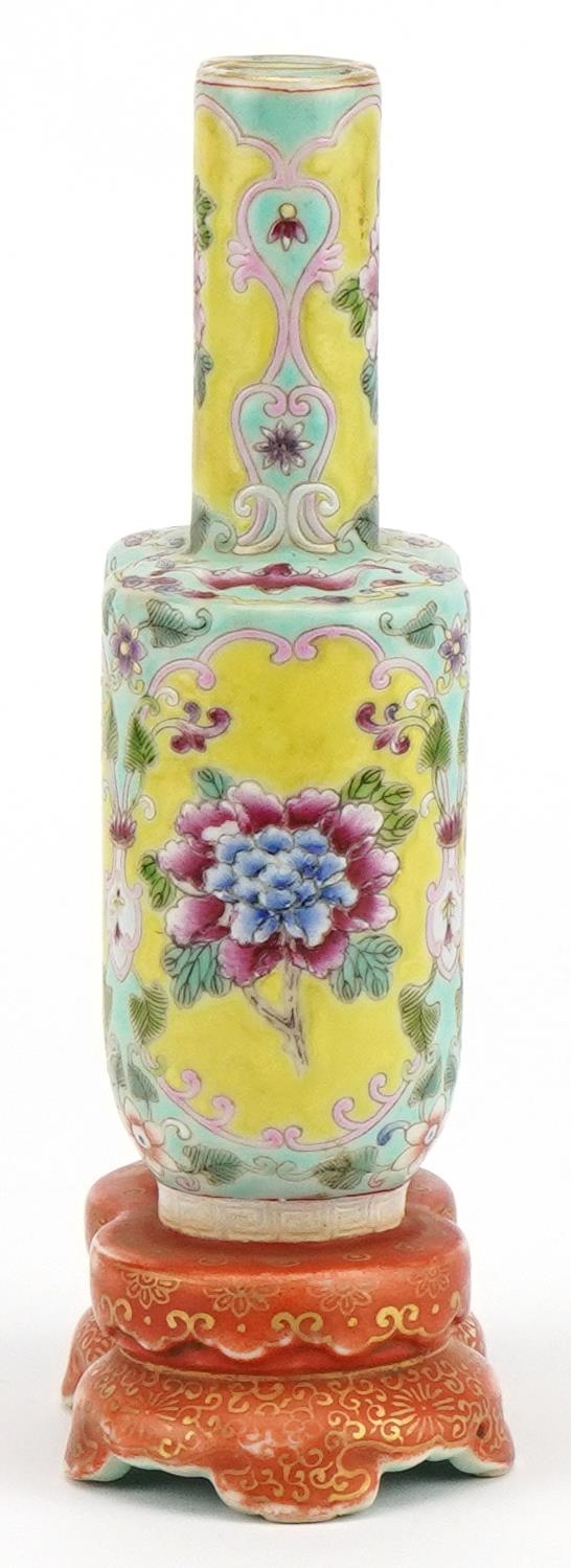 Chinese porcelain conjoined vase finely hand painted in the famille rose palette with flowers, six - Image 3 of 8