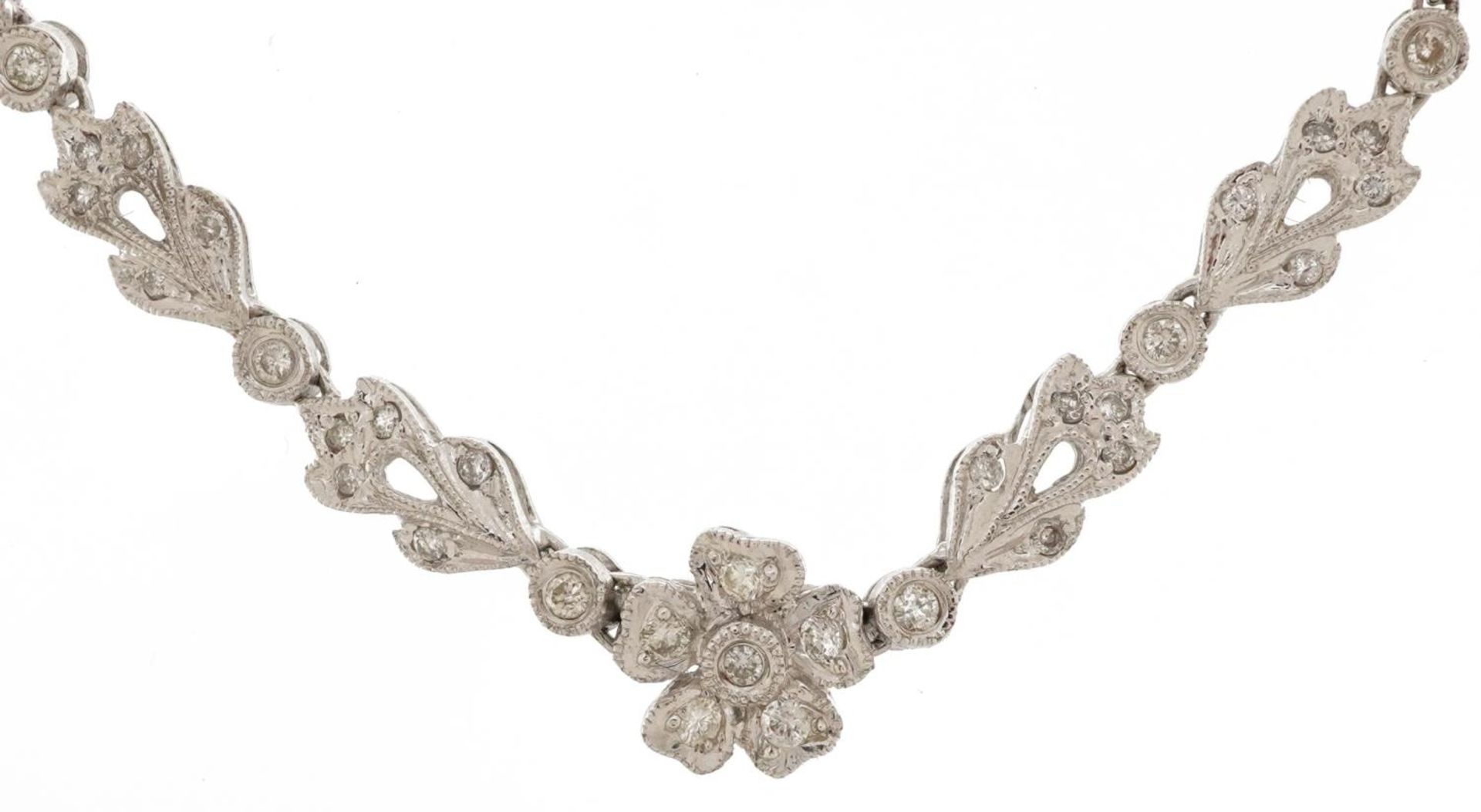 18ct white gold diamond flower head floral necklace, total diamond weight approximately 2.00