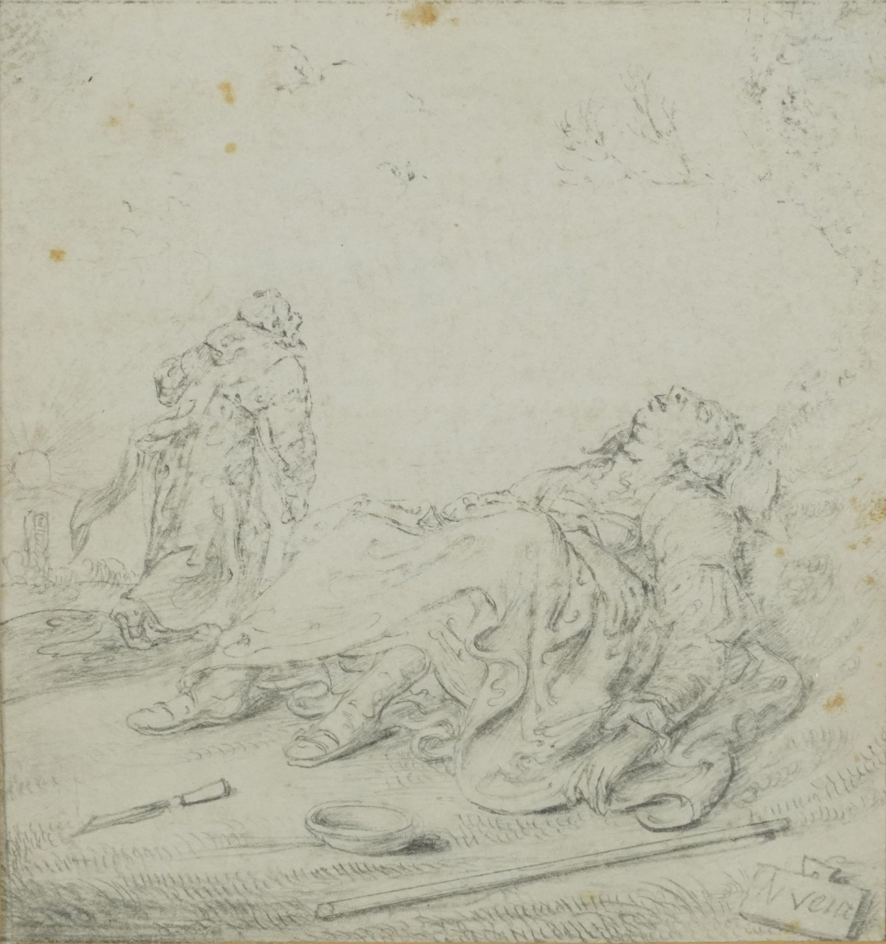 Two figures, possibly biblical, 19th century pencil, indistinctly signed, possibly N Veia?, mounted,