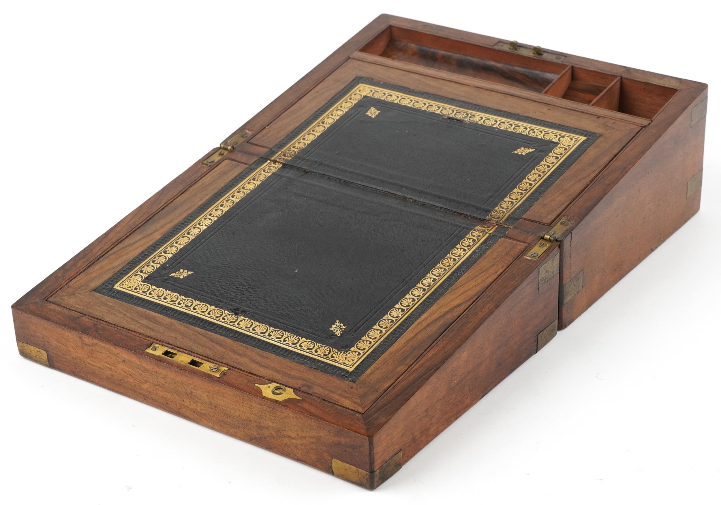 Victorian mahogany campaign style writing slope with tooled leather insert and brass mounts, 16cm - Image 2 of 5