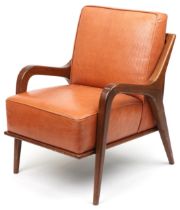 Scandinavian design hardwood lounge chair having a tan upholstered back and seat, 86cm H x 62.5cm