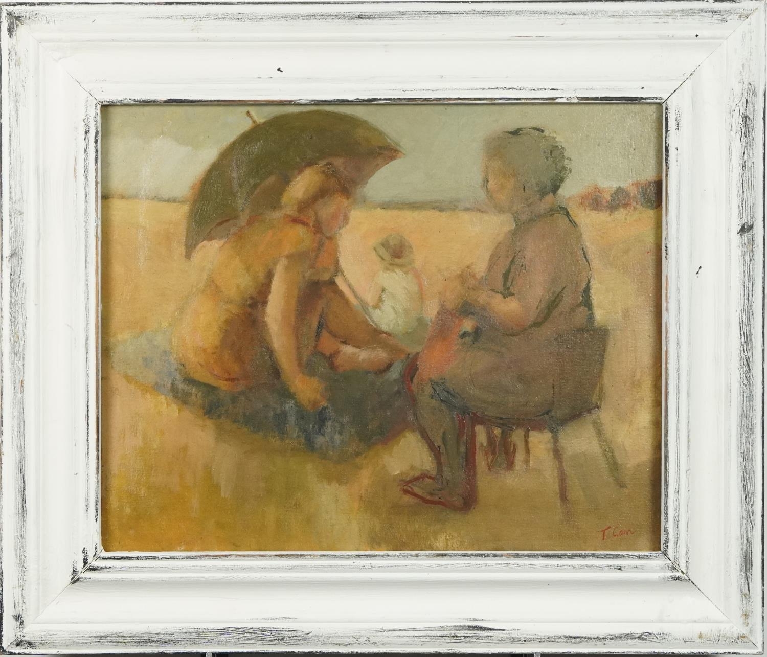 Beach scene with mother and child, post war British oil on canvas, mounted and framed, 50cm x 39cm - Image 2 of 5