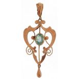 Edwardian 9ct rose gold blue stone openwork pendant, 4.5cm high, 1.8g