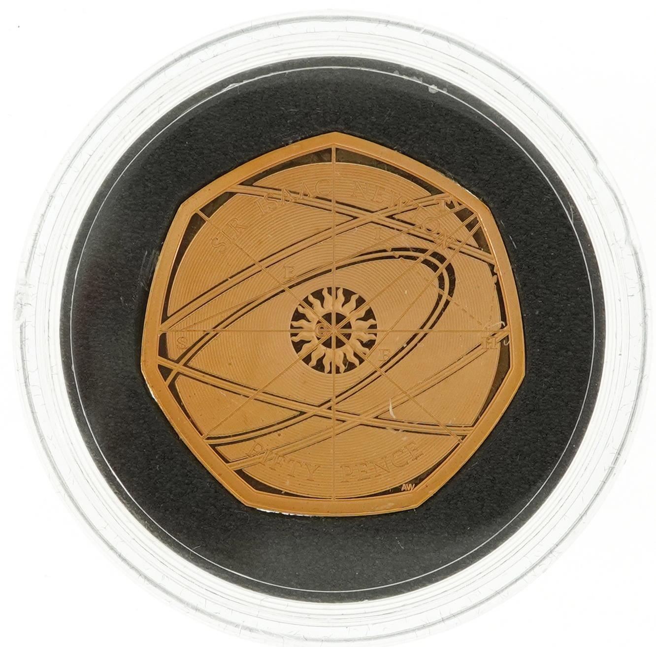 Elizabeth II 2017 gold proof fifty pence piece by The Royal Mint commemorating Sir Isaac Newton with - Image 2 of 4