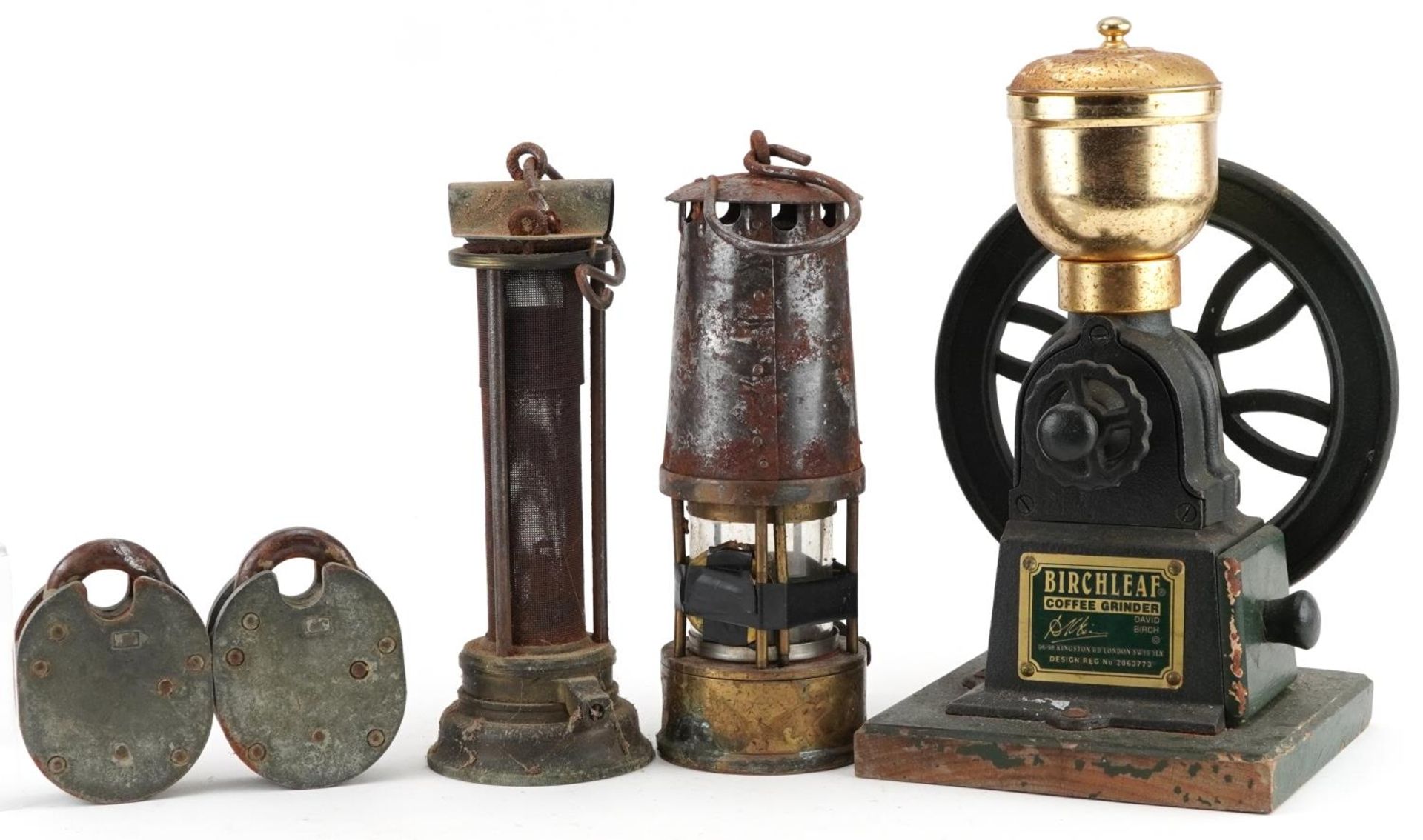 Two early 20th century miner's lamps and a Birchleaf coffee grinder, the largest 31cm high - Image 5 of 6
