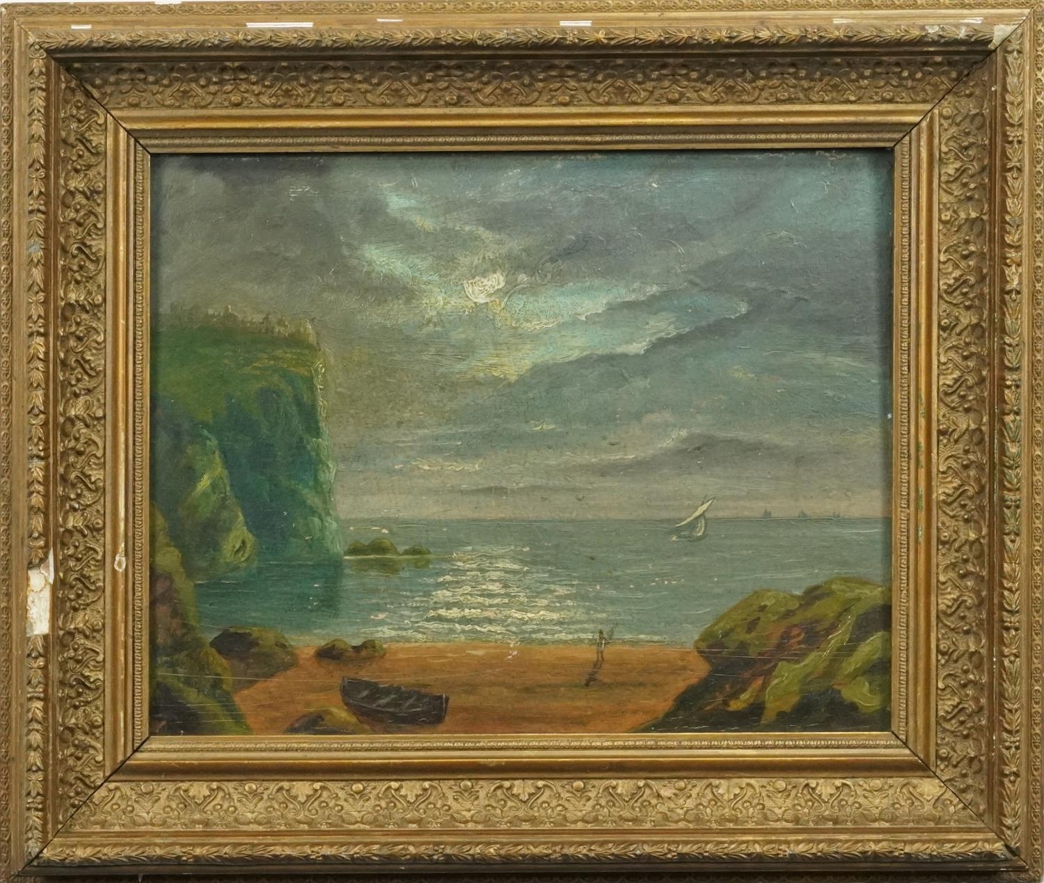 Moonlit coastal cove, early 20th century oil on board, mounted and framed, 33.5cm x 26.5cm excluding - Image 2 of 4