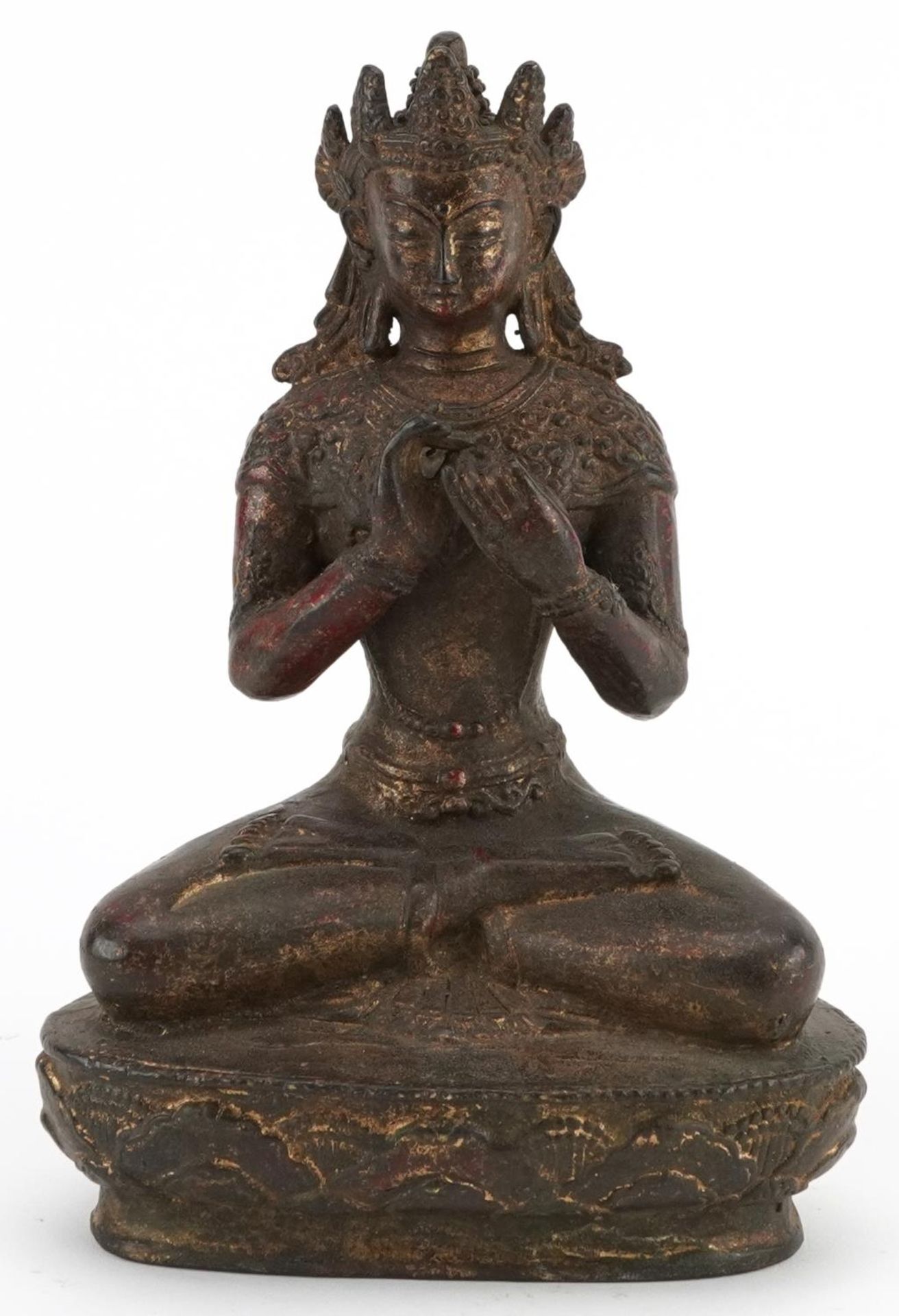Chino Tibetan gilt bronze figure of seated Buddha, 20.5cm high