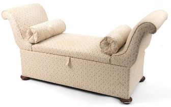 Contemporary daybed with lift up cushioned seat having beige and green floral upholstery, 74cm H x